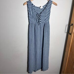 Vintage Blue Gingham Tie-Front Casual Maxi Dress